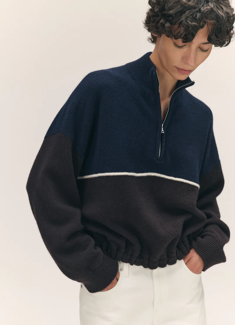 Alder Half Zip Fleece in Navy with Dark Brown