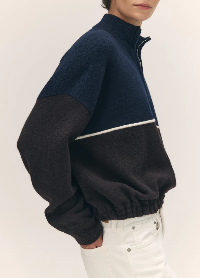 Alder Half Zip Fleece in Navy with Dark Brown