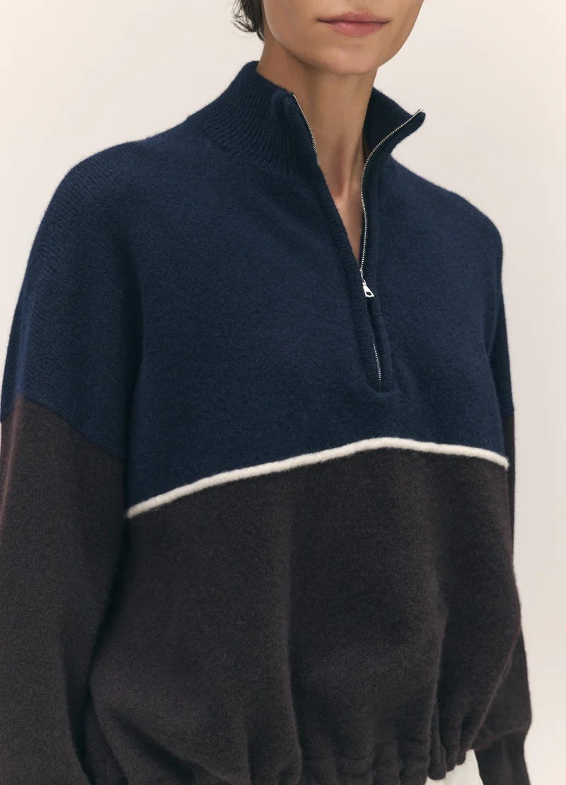 Alder Half Zip Fleece in Navy with Dark Brown