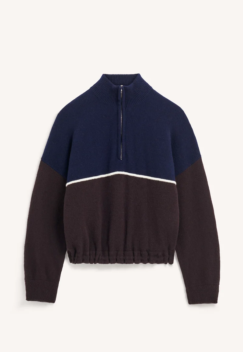 Alder Half Zip Fleece in Navy with Dark Brown