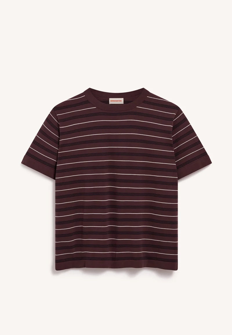 Short Sleeve Slouchy T-Knit in Dark Brown Stripe