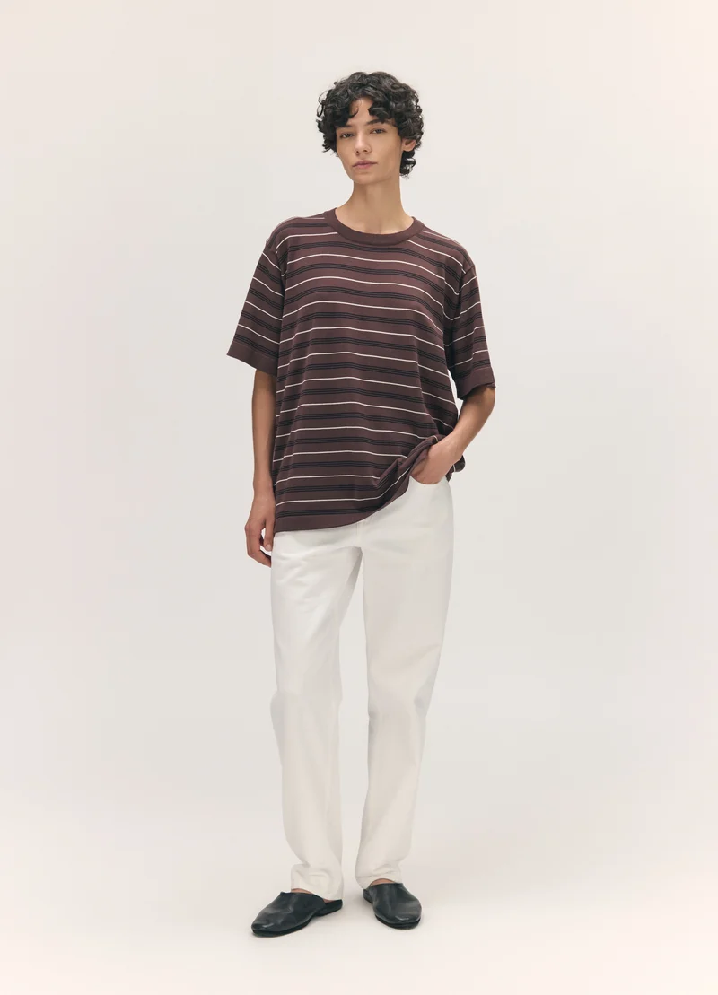 Short Sleeve Slouchy T-Knit in Dark Brown Stripe