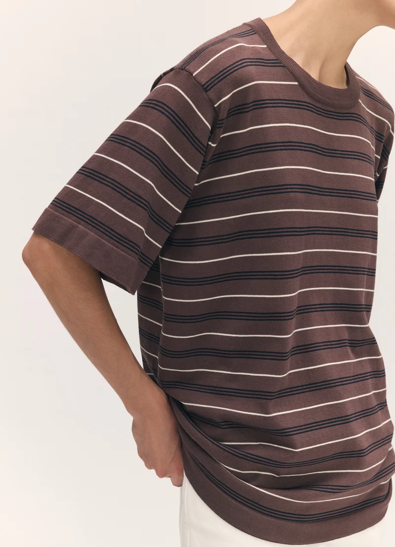 Short Sleeve Slouchy T-Knit in Dark Brown Stripe