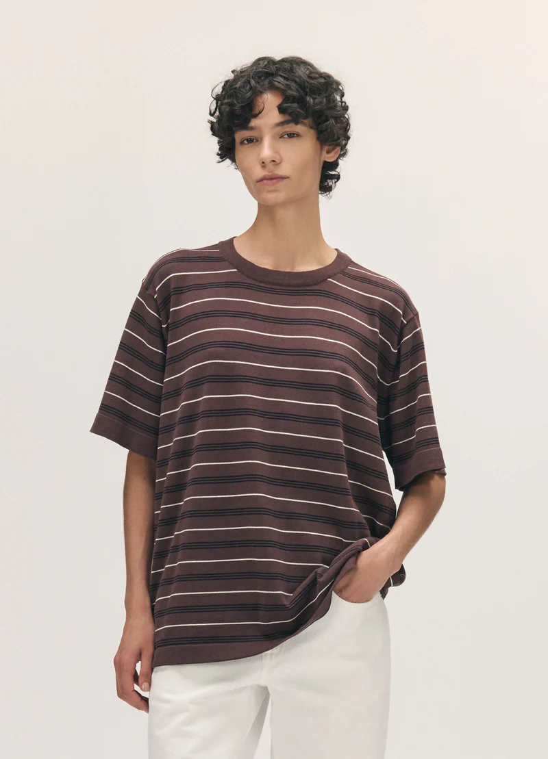 Short Sleeve Slouchy T-Knit in Dark Brown Stripe