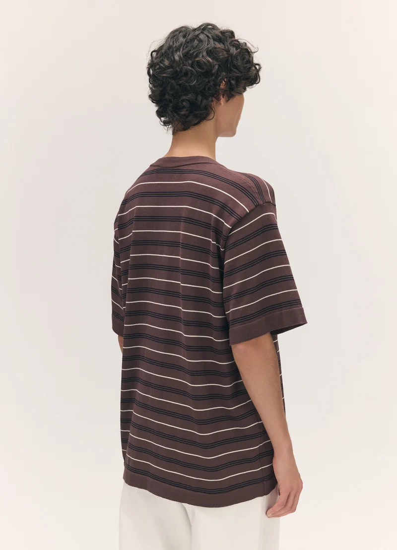 Short Sleeve Slouchy T-Knit in Dark Brown Stripe