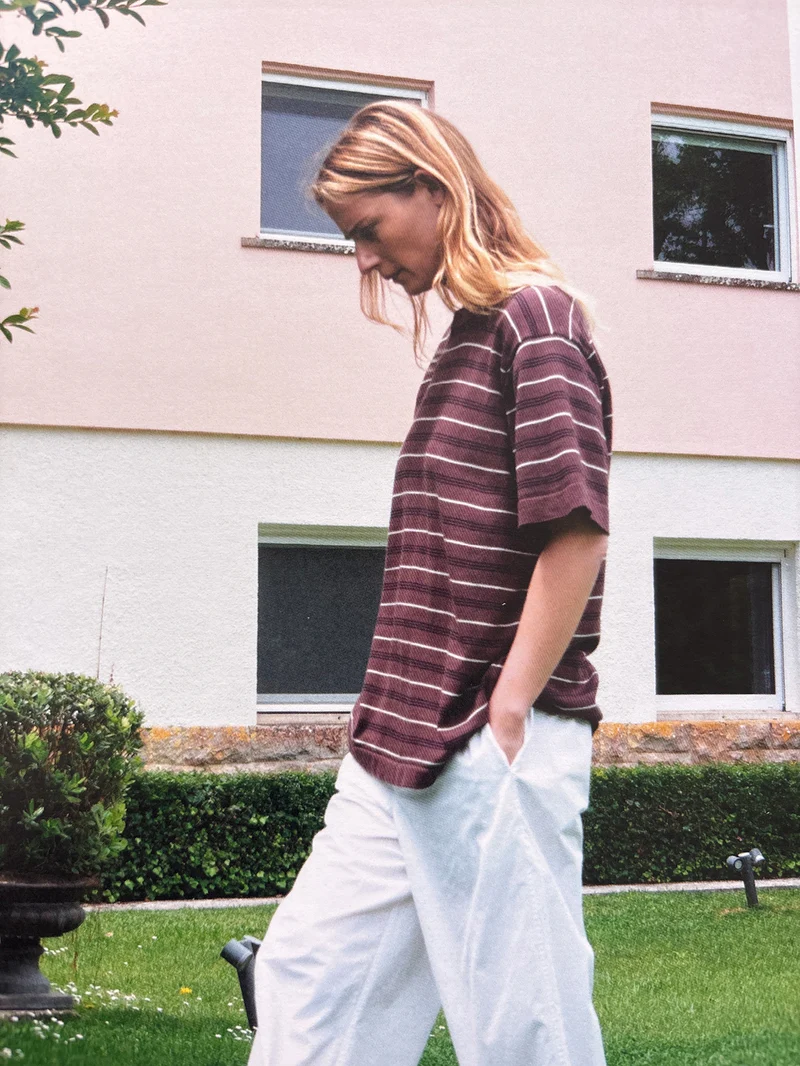 Short Sleeve Slouchy T-Knit in Dark Brown Stripe