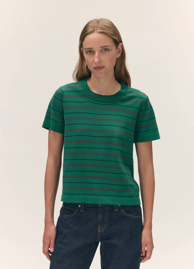 Short Sleeve Shrunken T-Knit in Green Stripe