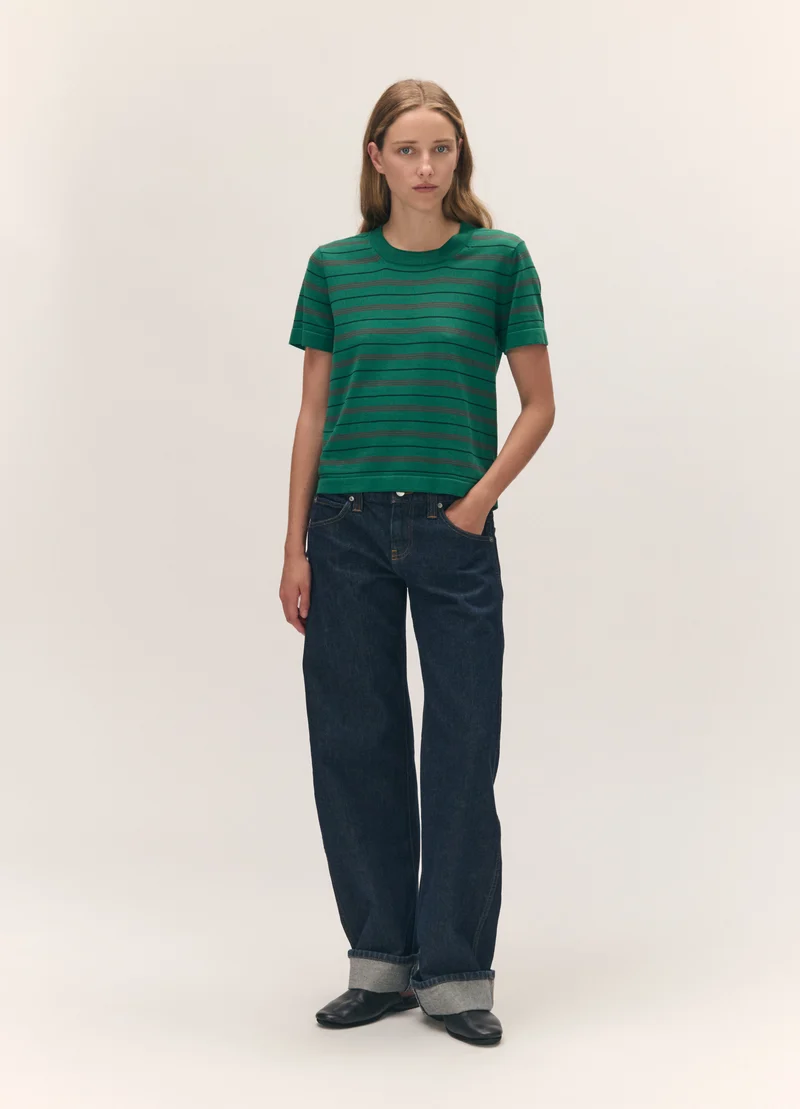 Short Sleeve Shrunken T-Knit in Green Stripe
