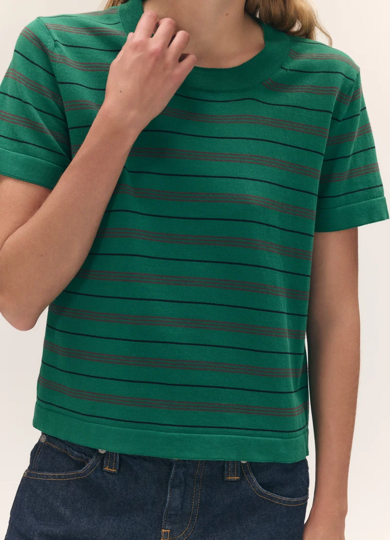 Short Sleeve Shrunken T-Knit in Green Stripe