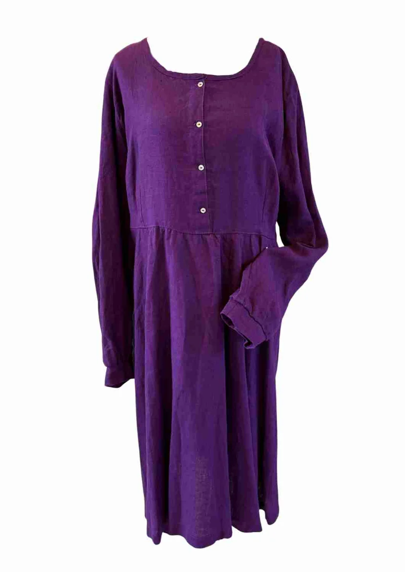 versandbereit: Leinen Kleid mit Knopfleiste "Cosmea", lange Ärmel, XXL, lila