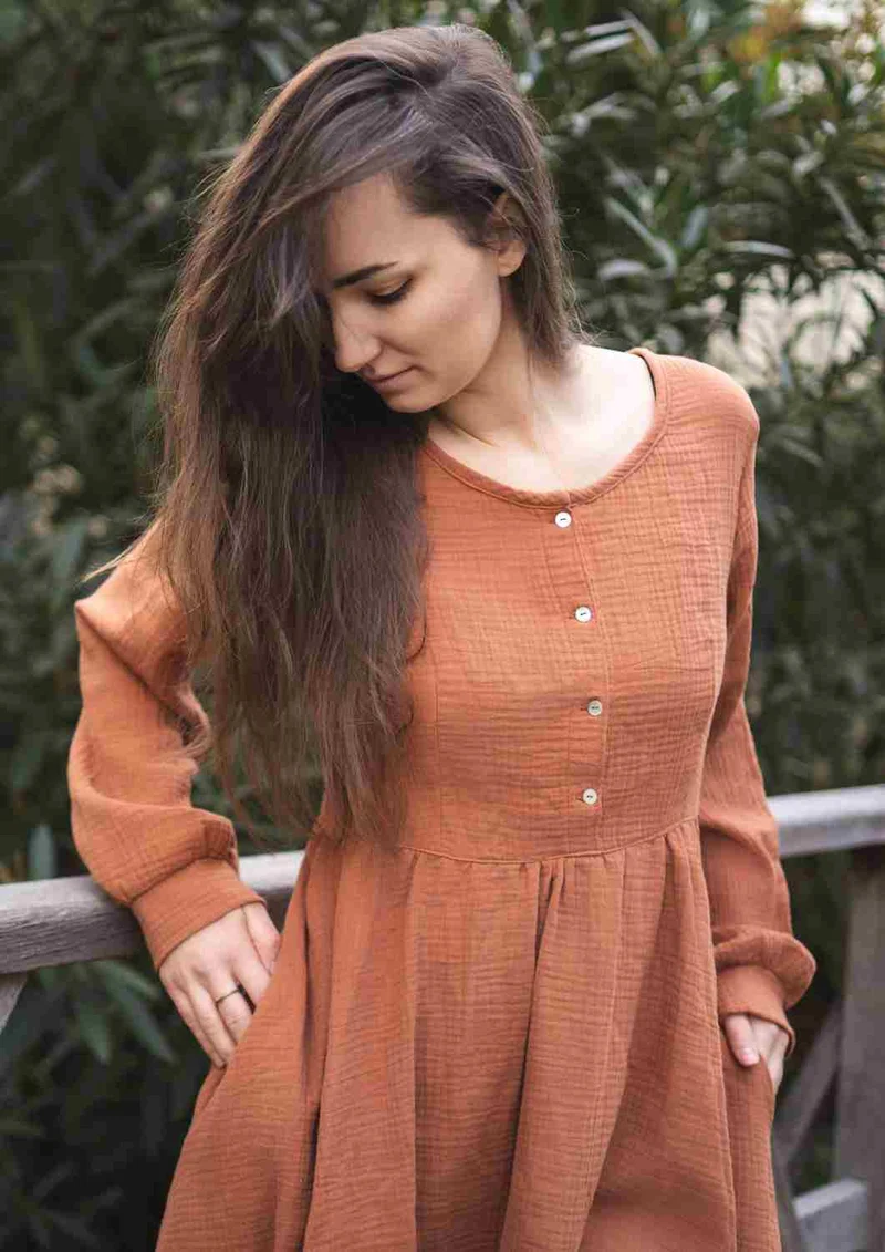 Midi Musselin Kleid Damen "Cosmea", lange Ärmel