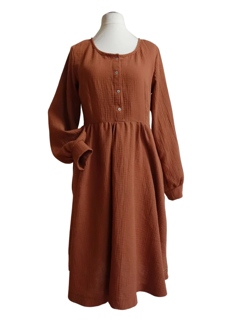 versandbereit: Midi Musselin Kleid Damen "Cosmea", lange Ärmel, L, terrakotta