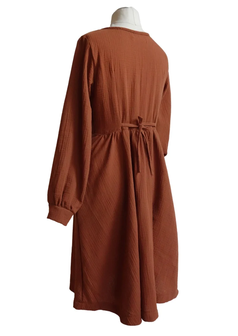 versandbereit: Midi Musselin Kleid Damen "Cosmea", lange Ärmel, L, terrakotta