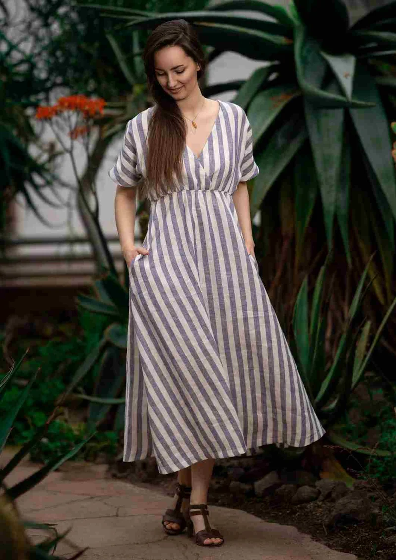 Boho Leinen Kleid Damen "Hyazinthe" mit weiten Kimonoärmeln