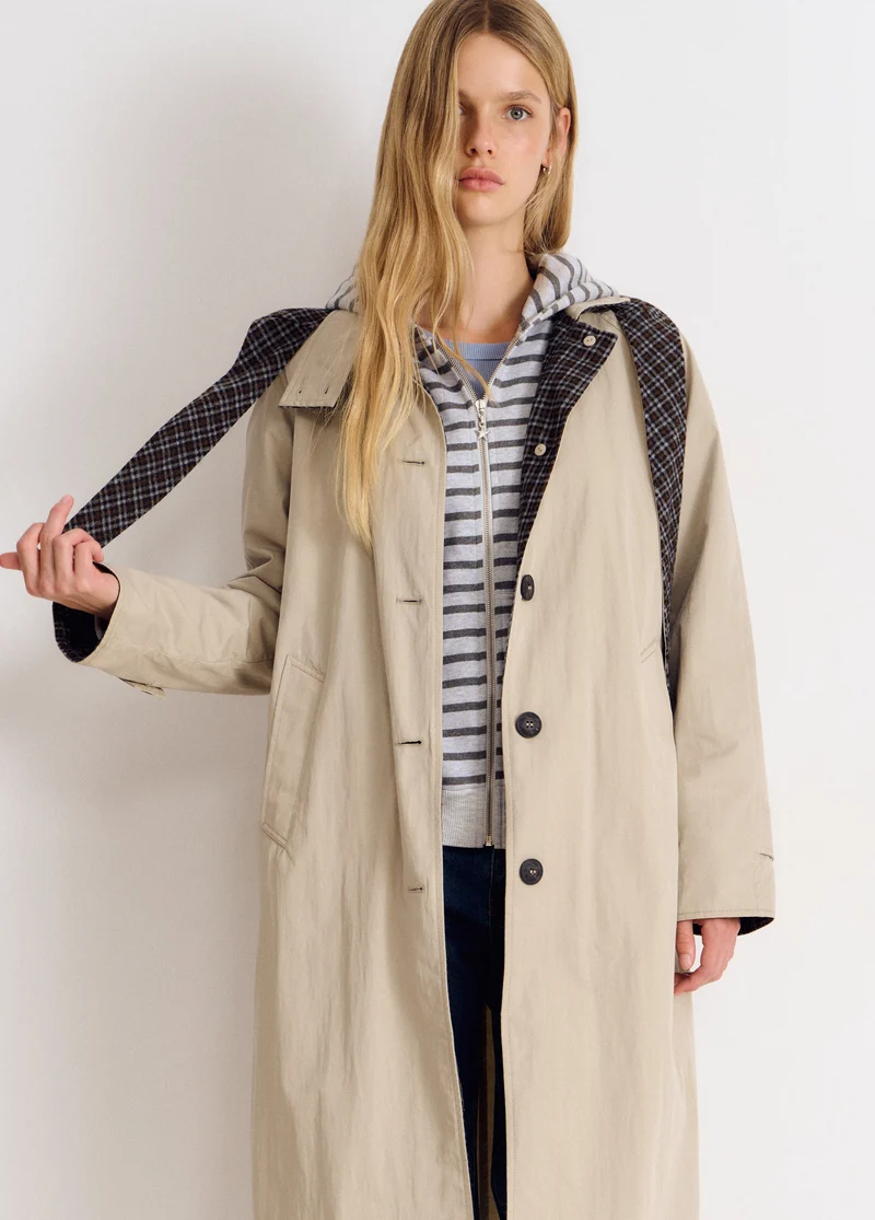 Long hooded trench coat