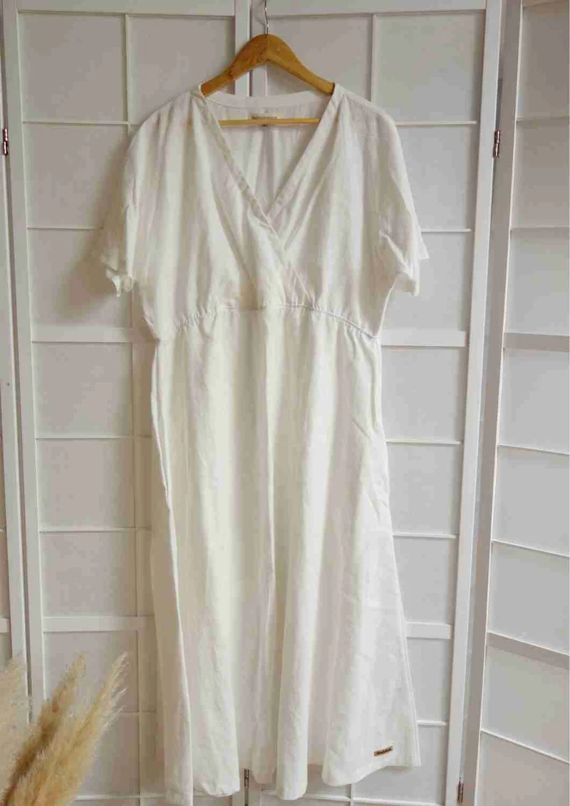 versandbereit: Boho Leinen Kleid Damen "Hyazinthe" mit weiten Kimonoärmeln, XXL, weiß