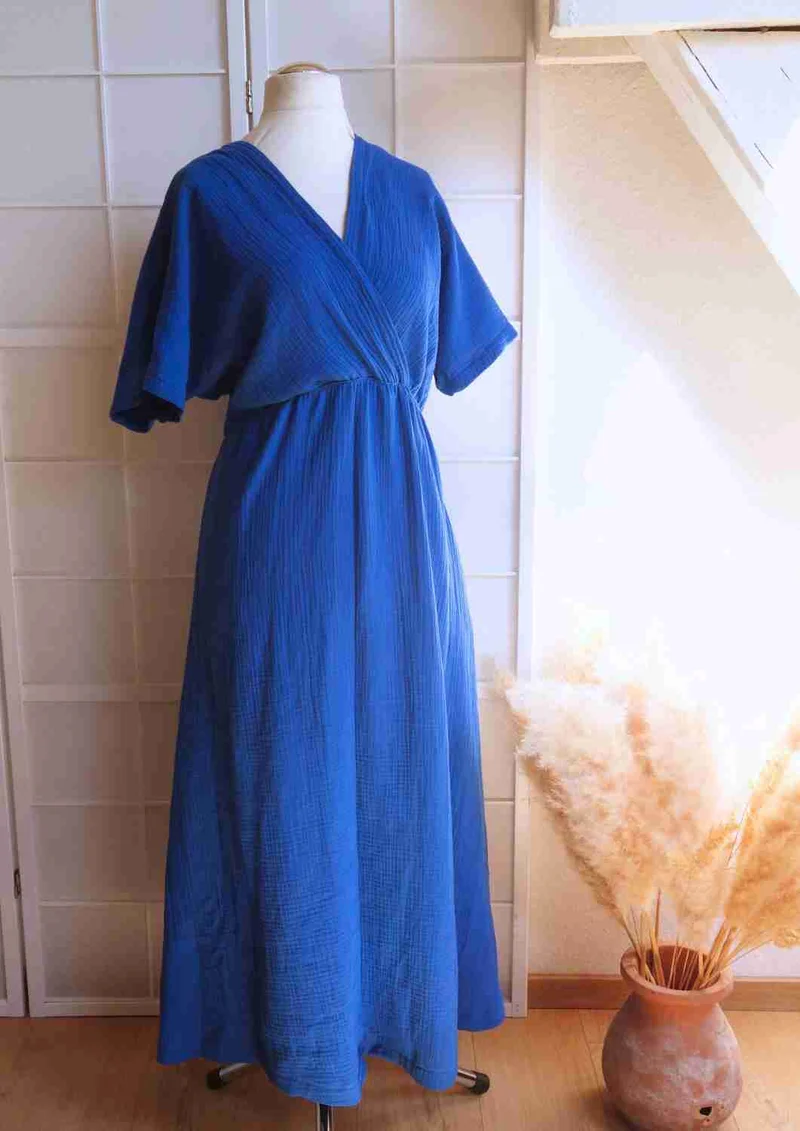 versandbereit: Boho Musselin Kleid Damen "Hyazinthe" mit weiten Kimonoärmeln, S, XL, kobaltblau