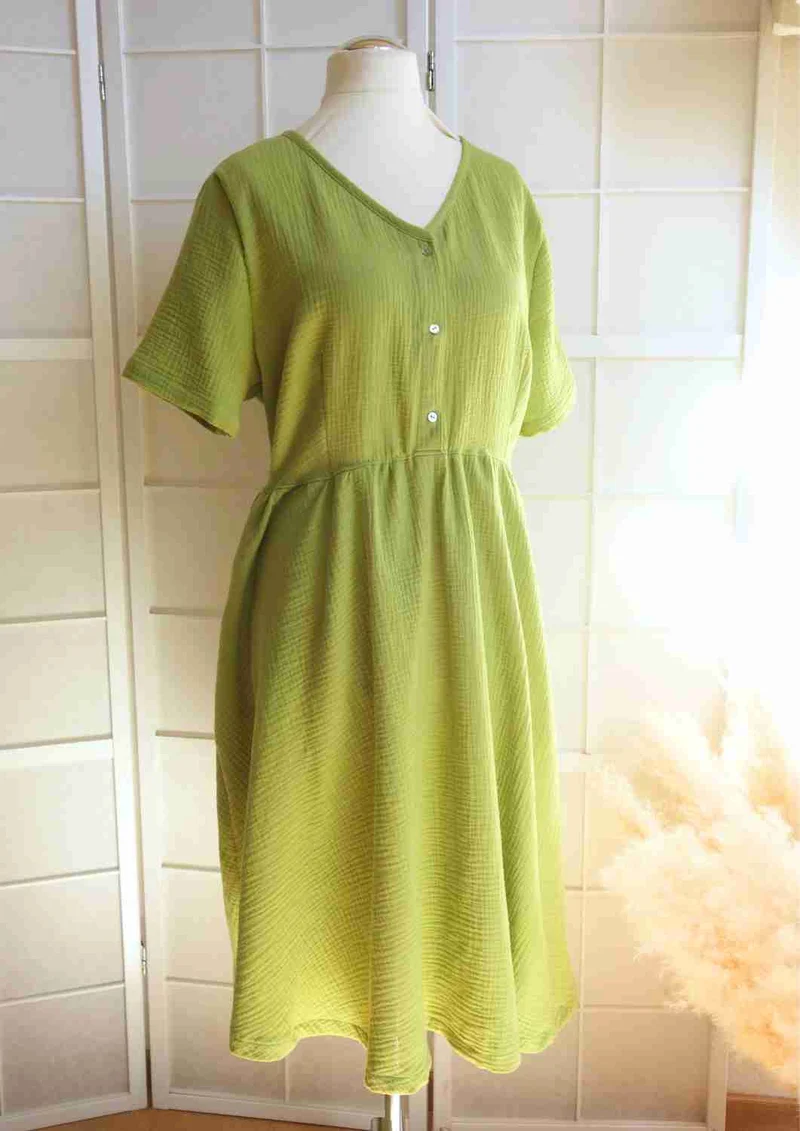 versandbereit: Midi Musselin Kleid Damen "Cosmea", kurze Ärmel, L, dunkellimette