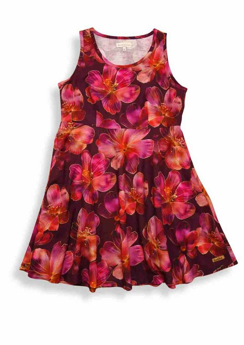versandbereit: Ärmelloses Leinen Kleid Damen "Hortensie", S, M, XL, Hibiskusblüten