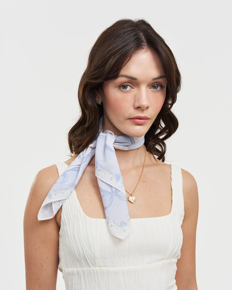 Bow & Floral Square Scarf in Blue