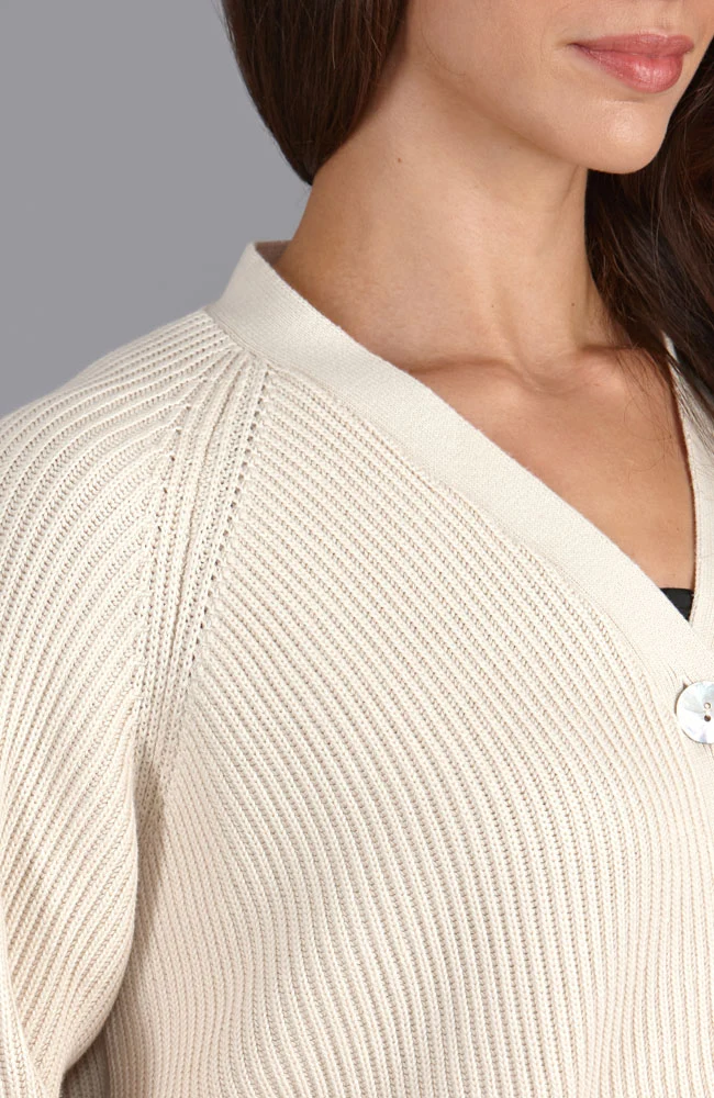 Übergroßer, gerippter Damen-Cardigan aus 100 % Baumwolle mit V-Ausschnitt