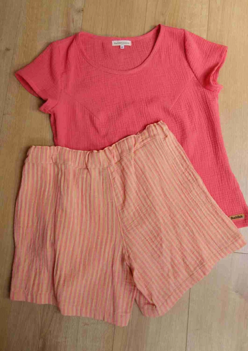 versandbereit: Musselin Shorts für Damen "Sanddorn", Bio-Baumwolle, XL, apricot Streifen