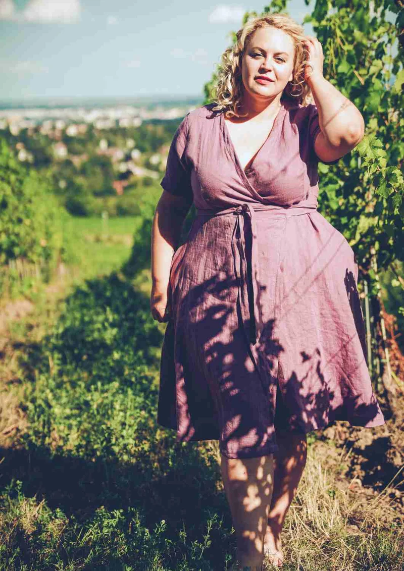 Wickelkleid Leinen "Ranunkel" für Damen, kurze Ärmel