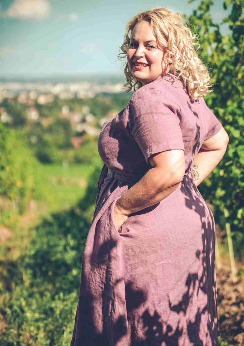 Wickelkleid Leinen "Ranunkel" für Damen, kurze Ärmel