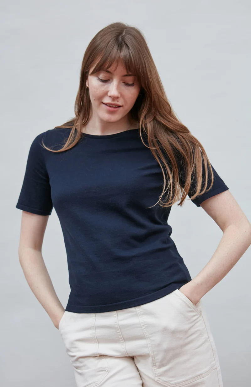 Womens Ultra Fine Cotton Crew Neck Knitted T-Shirt