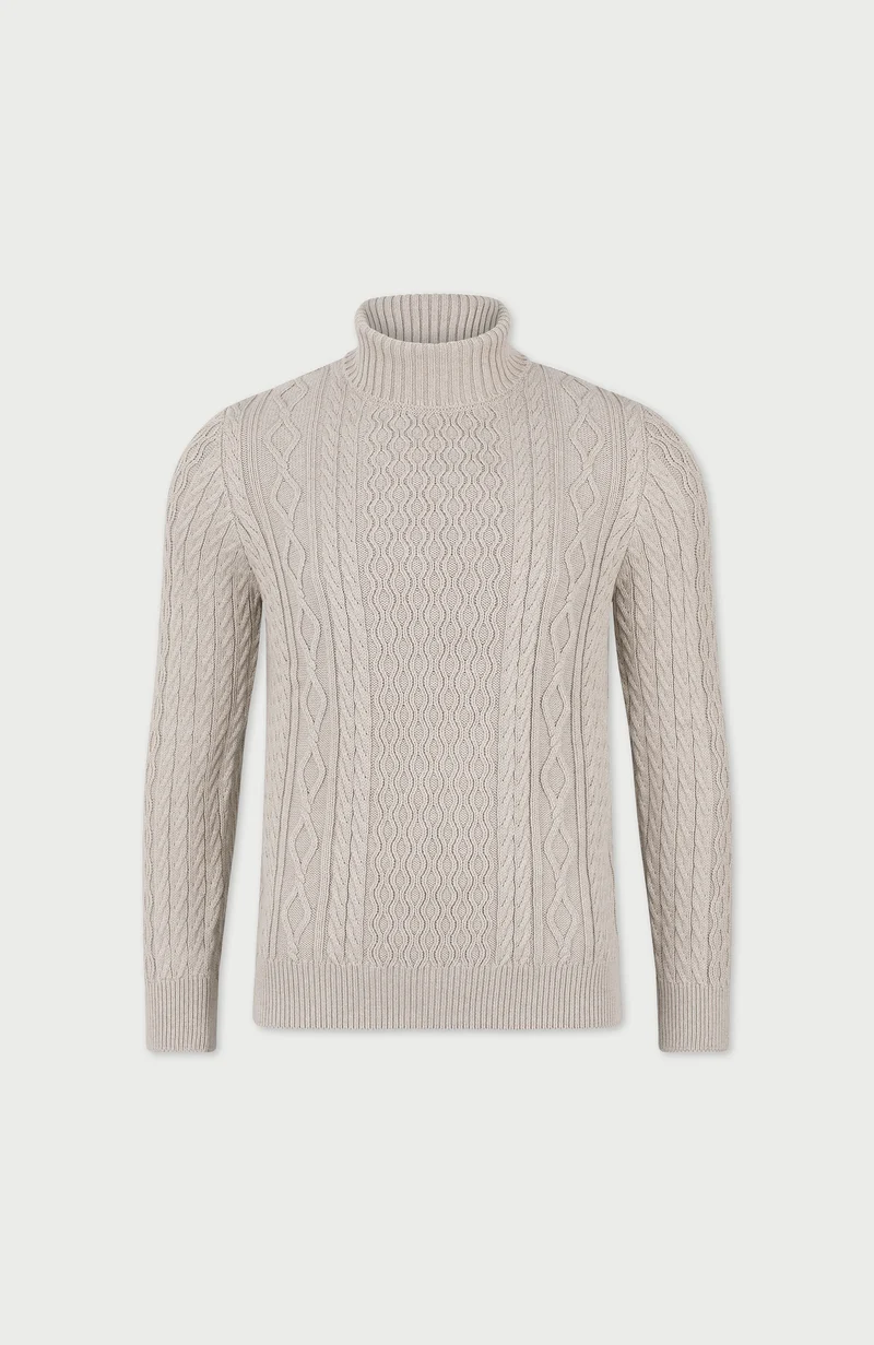 Mittelschwerer Zopfpullover aus 100 % Baumwolle mit Rollkragen für Herren