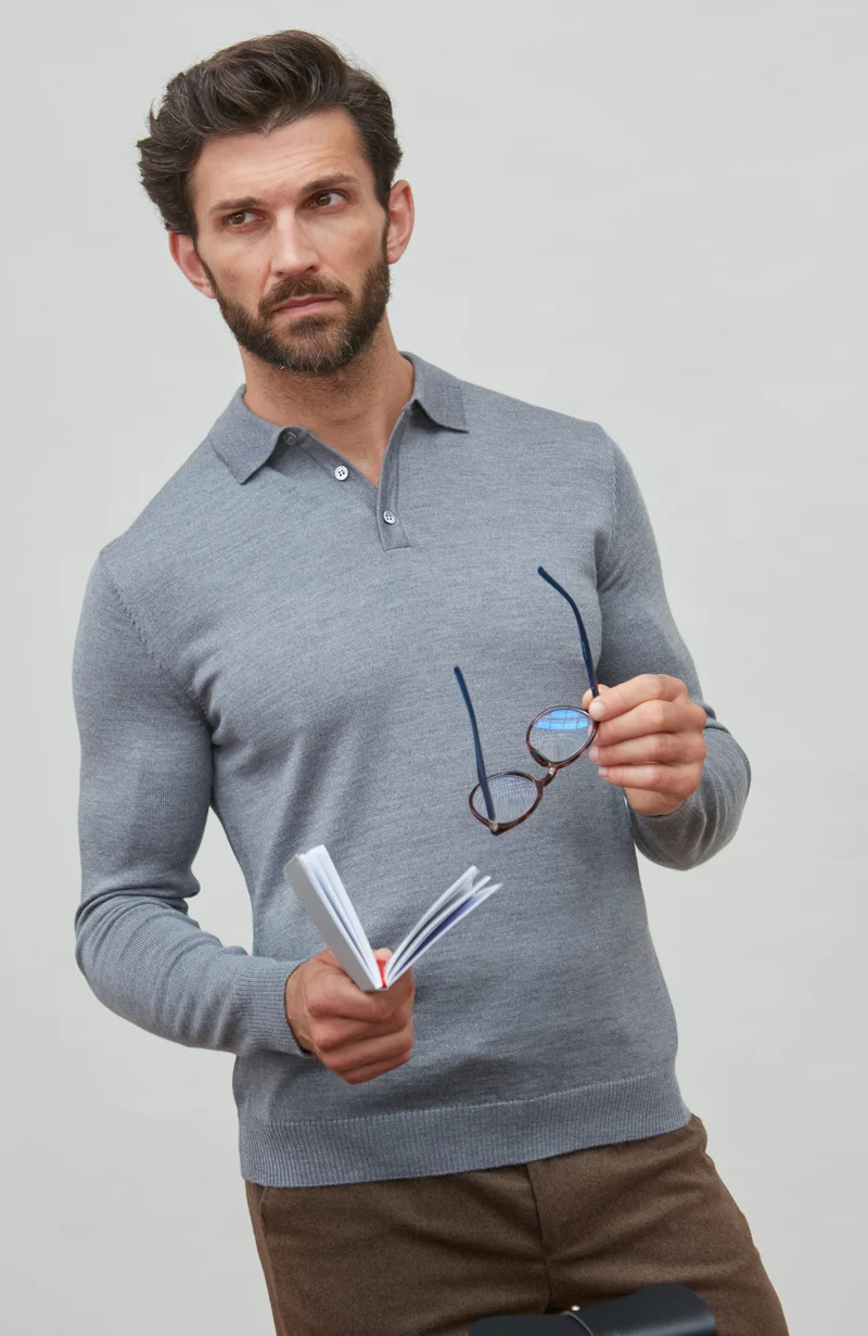 Langarm-Poloshirt aus extrafeiner Merinowolle für Herren