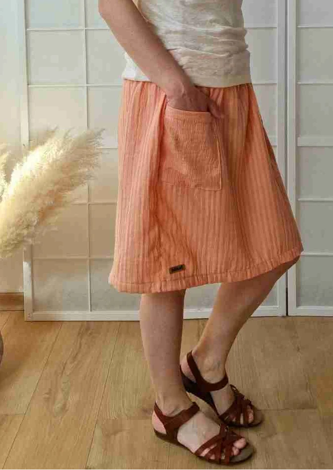 versandbereit: Musselinrock in Midi-Länge mit Tasche, apricot Streifen, S, M, L, XL