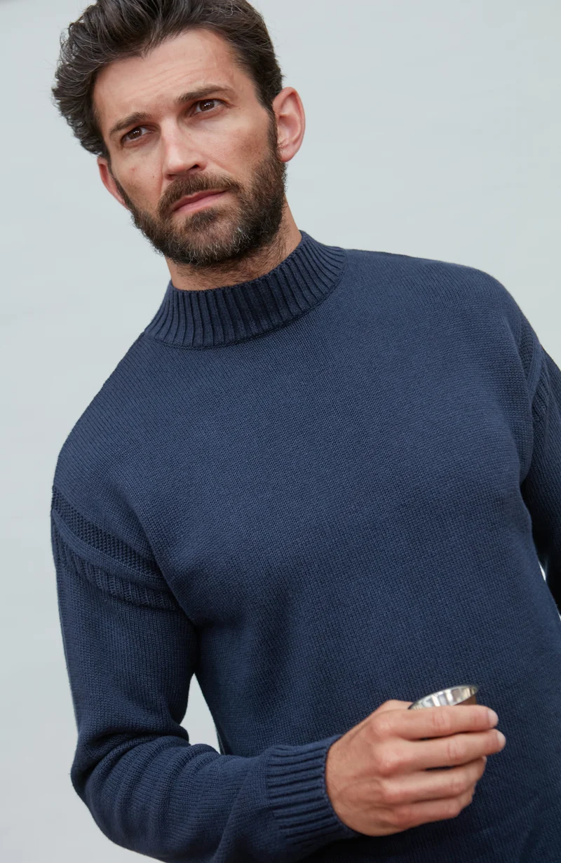 Mens Midweight Organic Cotton Linen Mock Neck Gansey Jumper