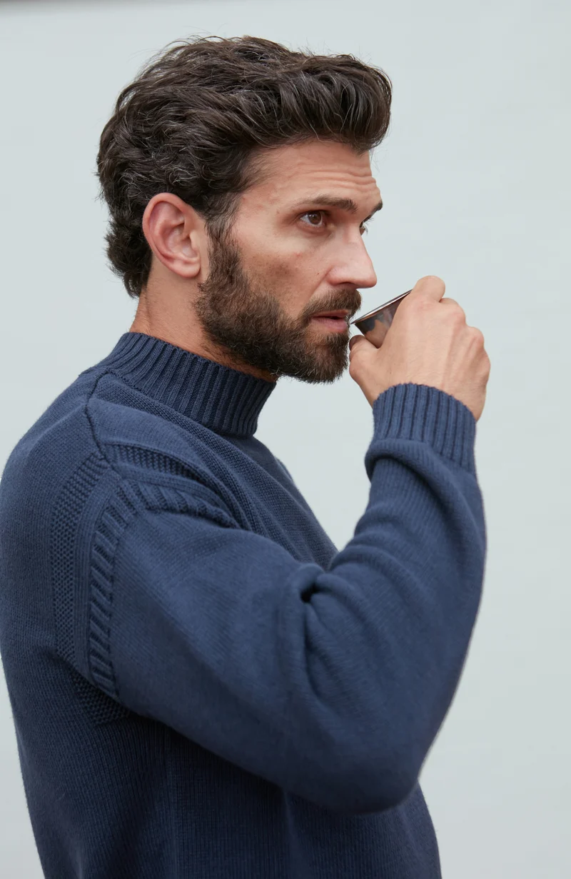 Mens Midweight Organic Cotton Linen Mock Neck Gansey Jumper