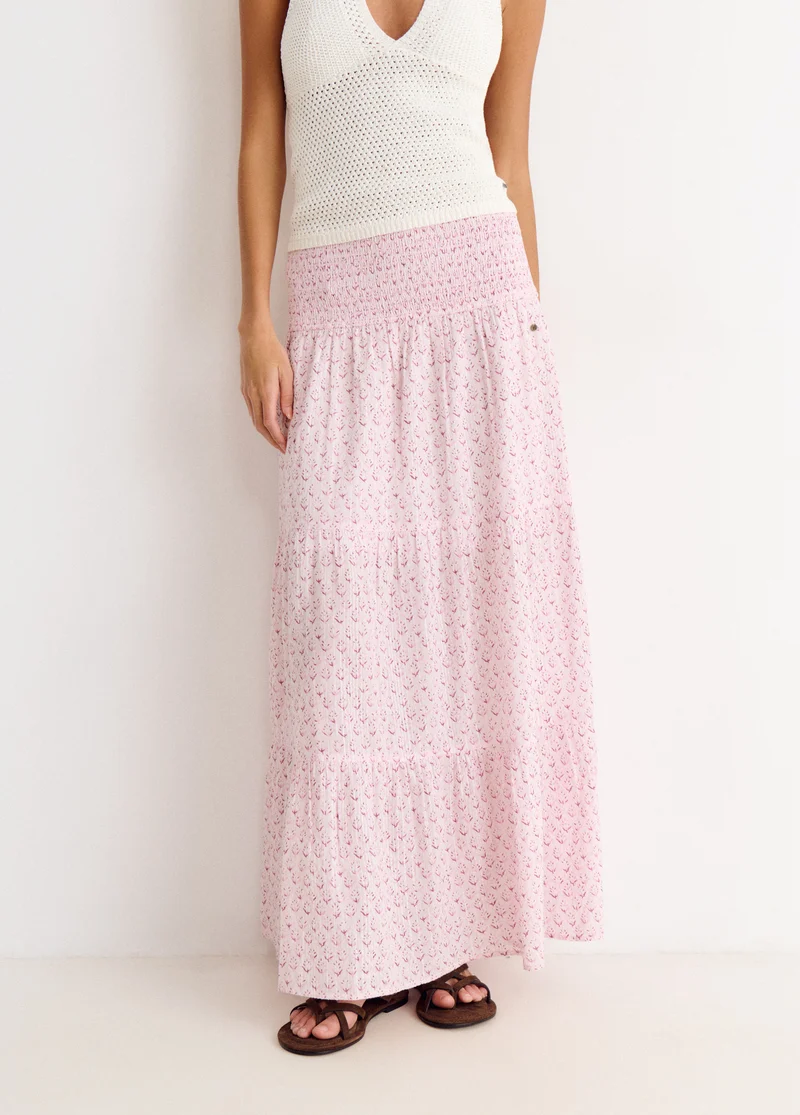 Long printed smocked skirt