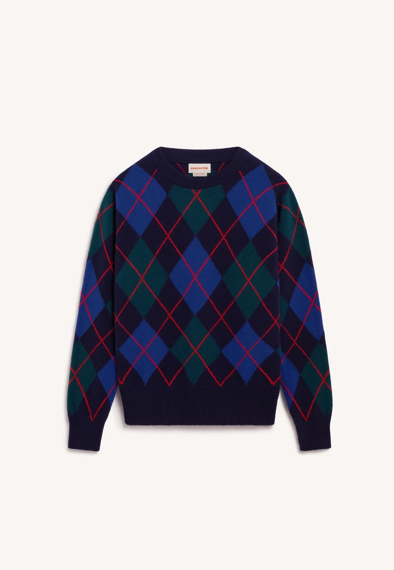 Ava Argyle Crewneck in Navy with Smalt