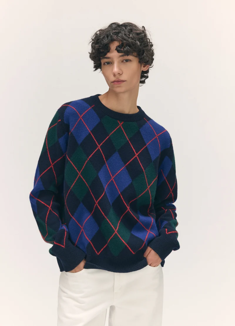 Ava Argyle Crewneck in Navy with Smalt