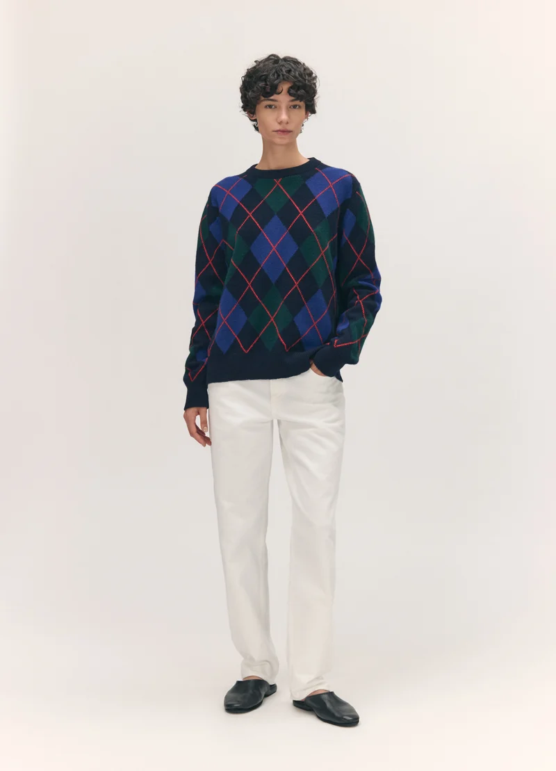 Ava Argyle Crewneck in Navy with Smalt