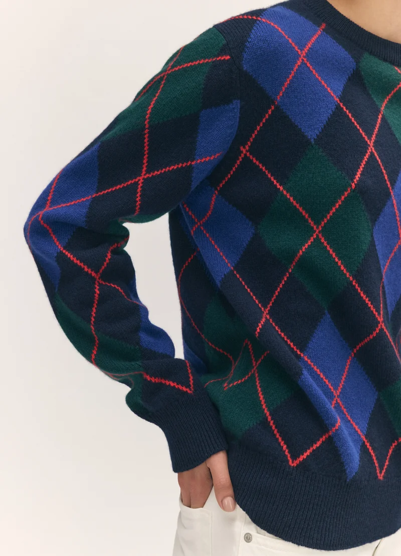 Ava Argyle Crewneck in Navy with Smalt