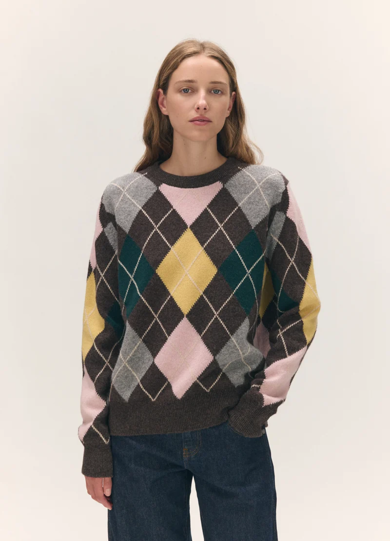 Ava Argyle Crewneck in Brown with Pale Pink & Yellow