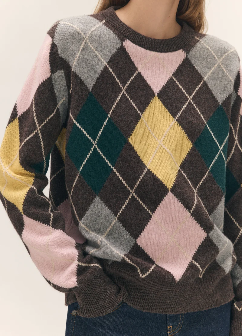 Ava Argyle Crewneck in Brown with Pale Pink & Yellow