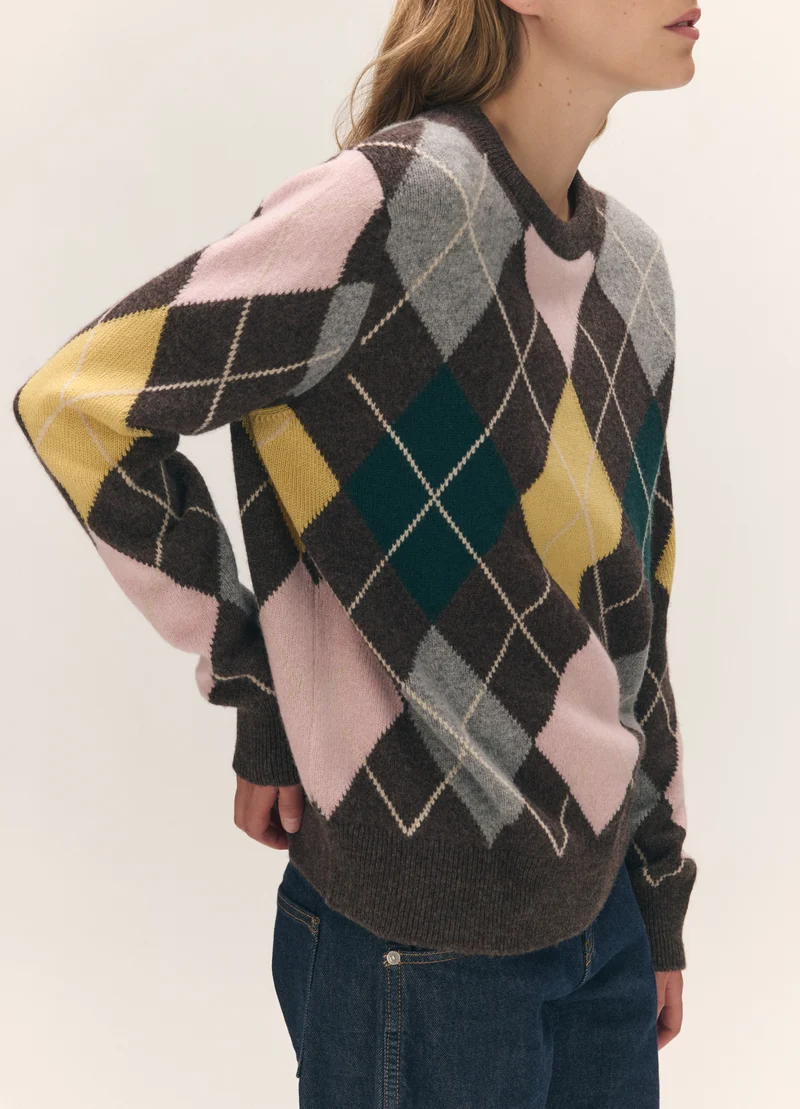 Ava Argyle Crewneck in Brown with Pale Pink & Yellow