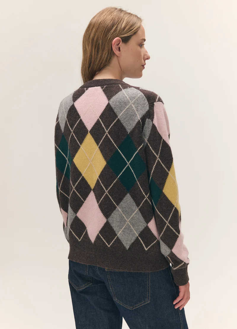 Ava Argyle Crewneck in Brown with Pale Pink & Yellow