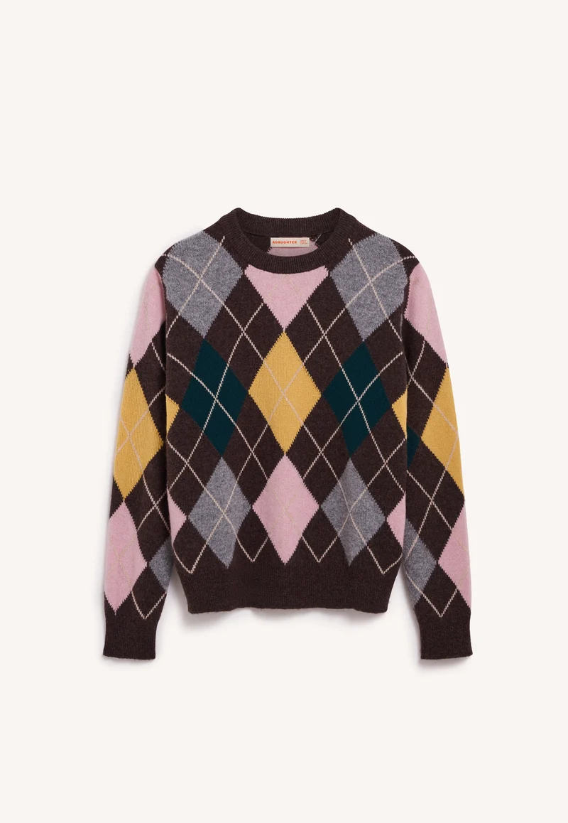 Ava Argyle Crewneck in Brown with Pale Pink & Yellow