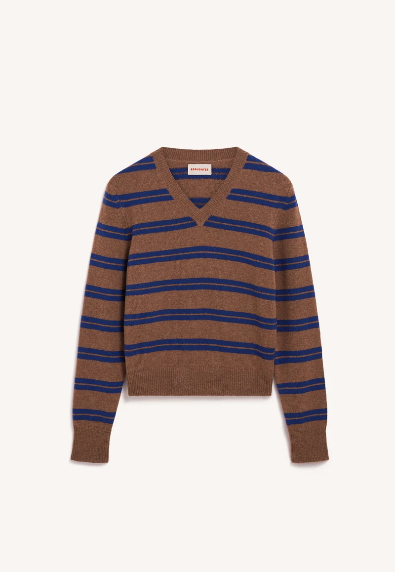 Sligo V-Neck in Hazelnut/Smalt Stripe