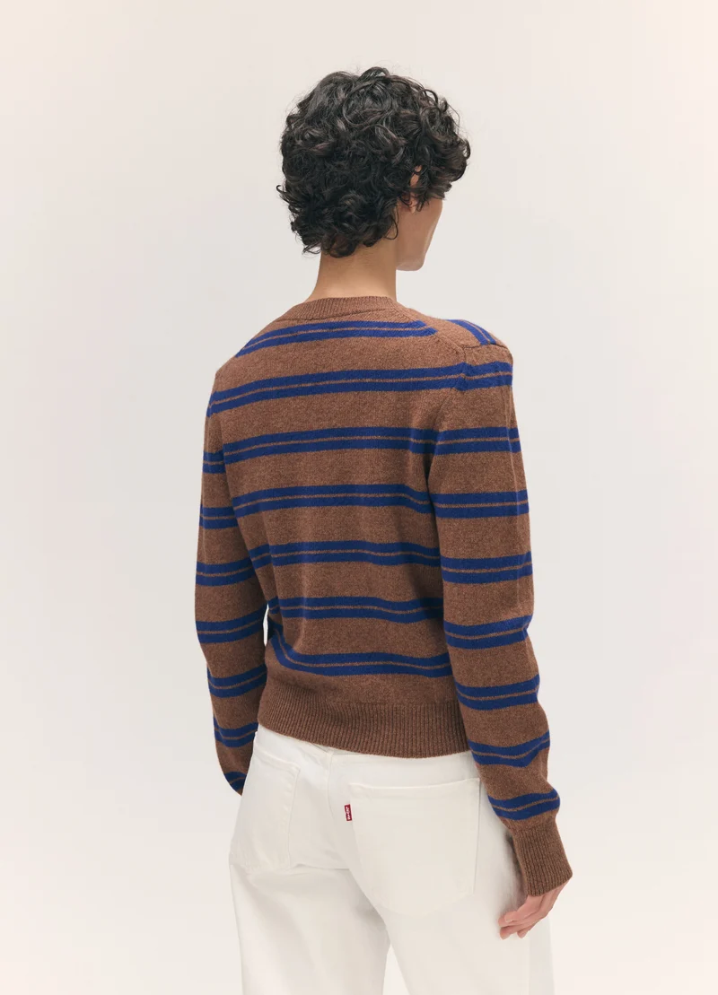 Sligo V-Neck in Hazelnut/Smalt Stripe
