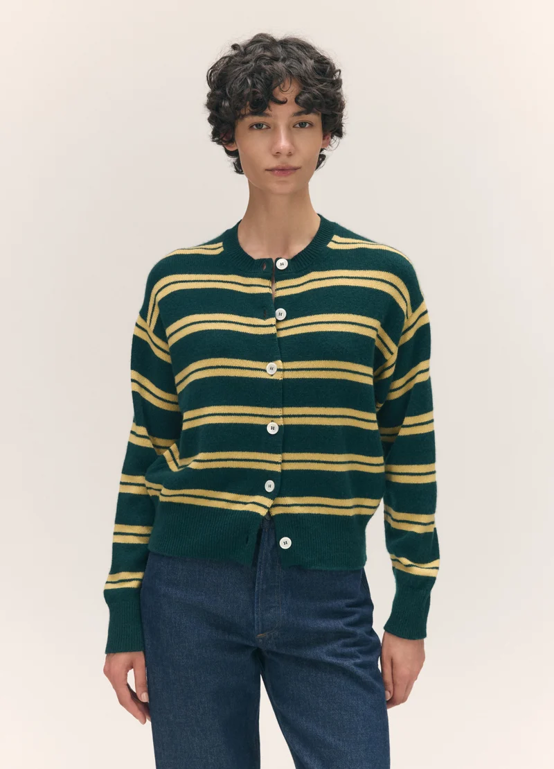 Ada Crewneck Cardigan in Holly/Yellow Stripe