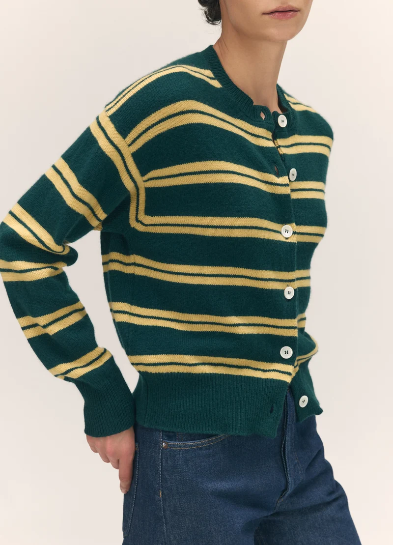Ada Crewneck Cardigan in Holly/Yellow Stripe