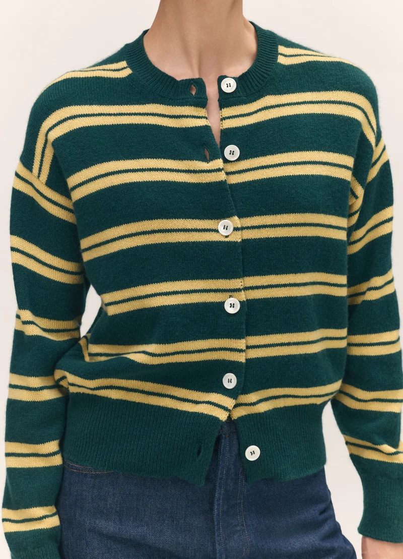 Ada Crewneck Cardigan in Holly/Yellow Stripe