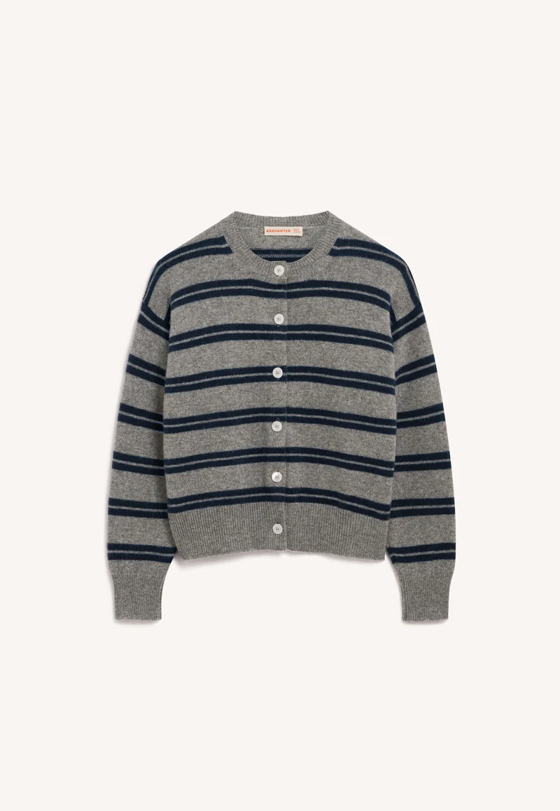 Ada Crewneck Cardigan in Flannel/Navy Stripe